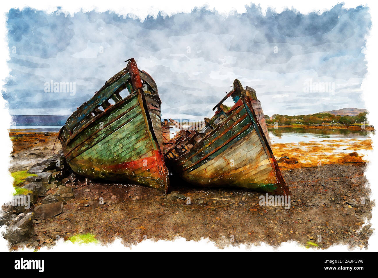 Water colour painting of beached boats at Salen on the Isle of Mull in Scotland Stock Photo