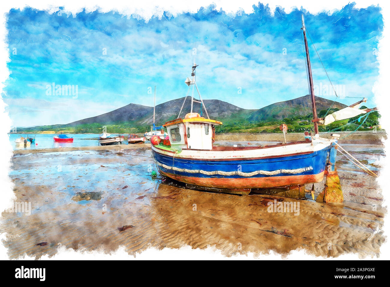 Watercolour painting of a fishing boat on the beach at Trefor on the Llyn Peninsula in North Wales Stock Photo