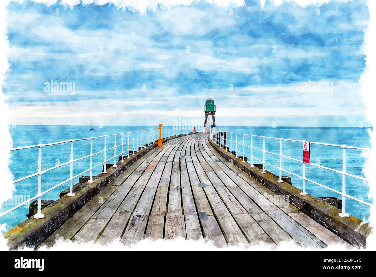Watercolour painting of the West Pier at Whitby on the north coast of Yorkshire Stock Photo