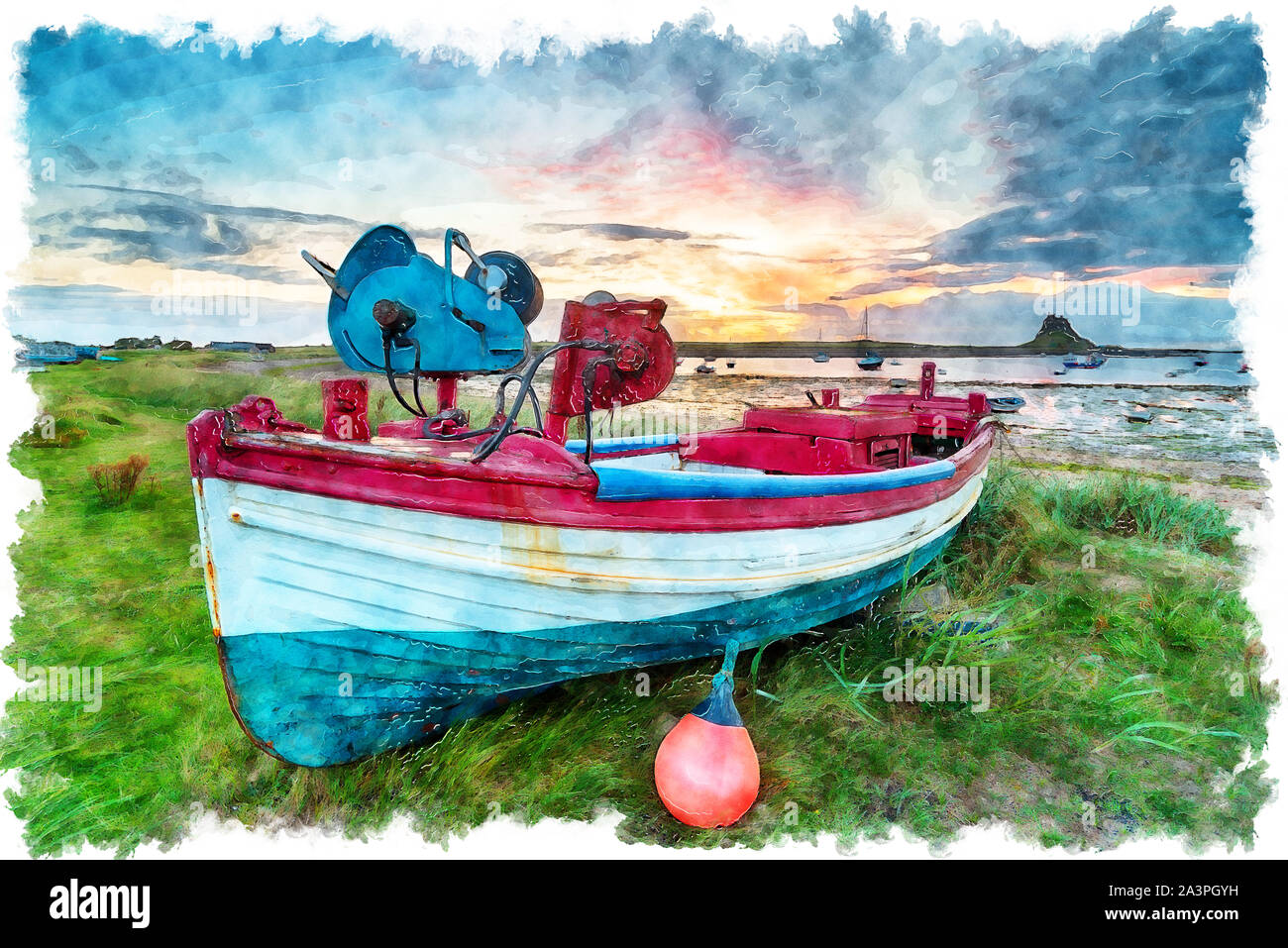 Watercolour painting of sunrise over an old fishing boat at Lindisfarne Harbour on the Northumerland coast Stock Photo
