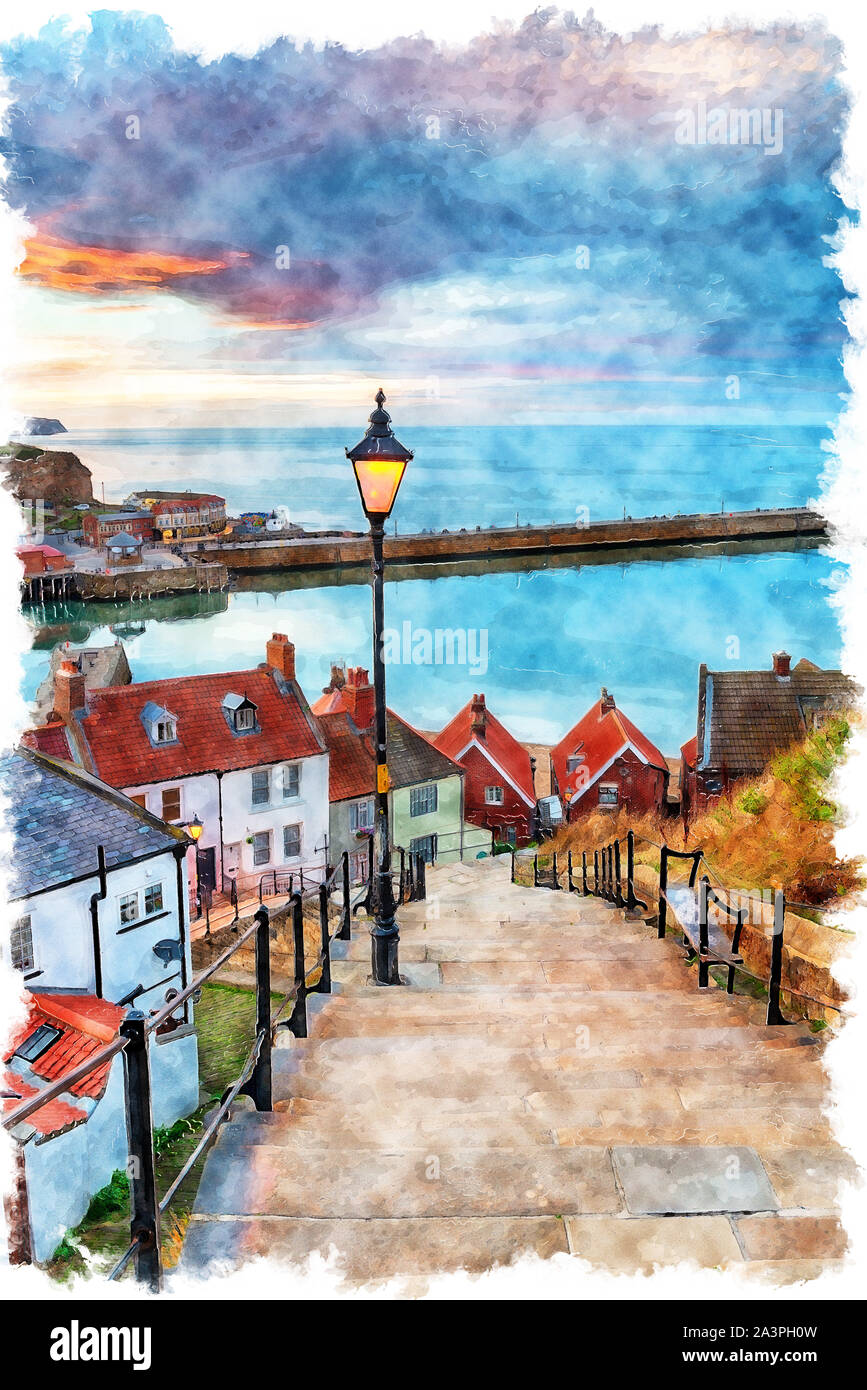 Watercolour painting of night fall over Whitby on the North Yorkshire coast, from the 199 Steps leading down to the harbour Stock Photo