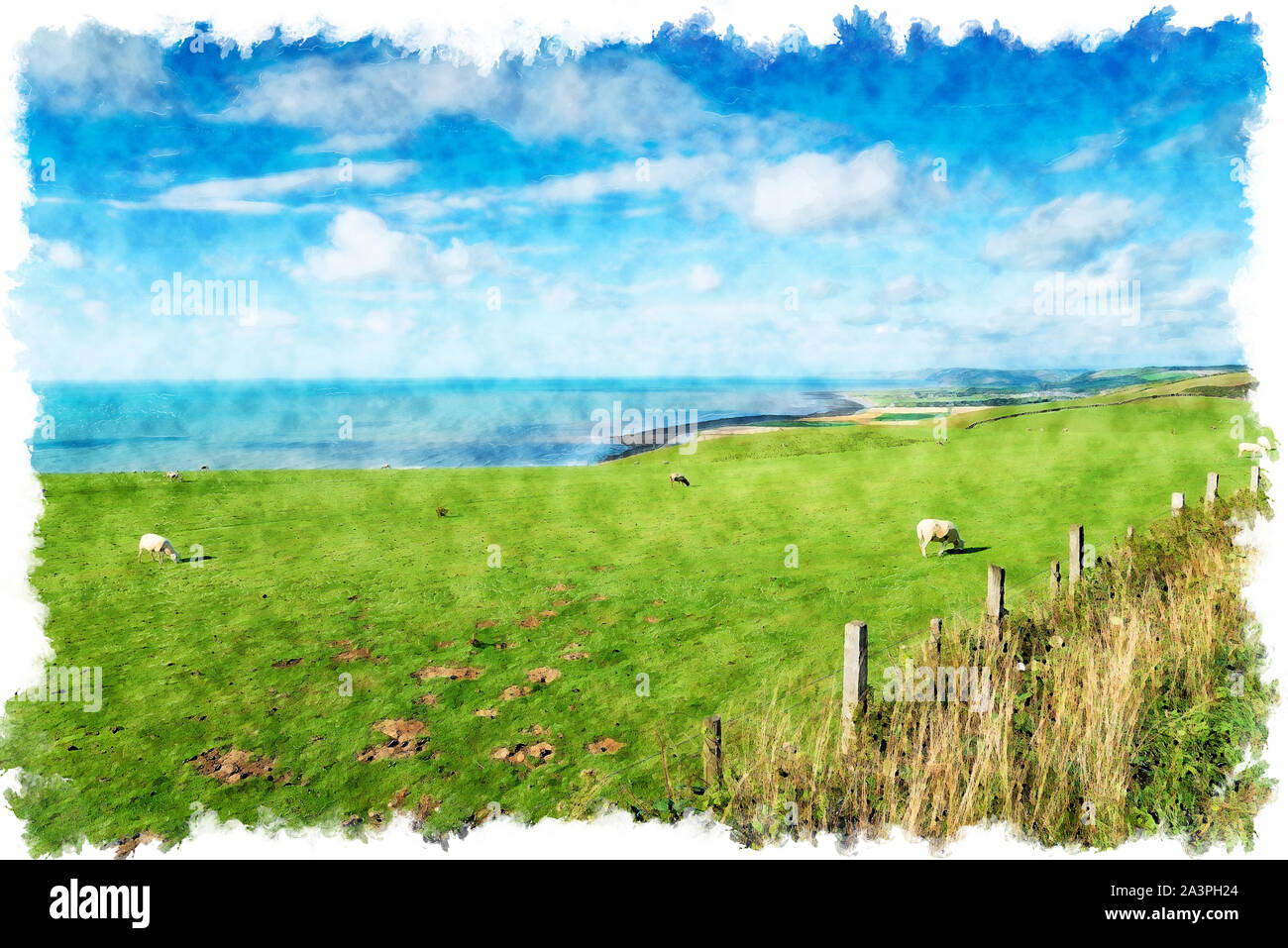 Watercolour painting of the coast between Aberarth and Llan-non in Wales Stock Photo