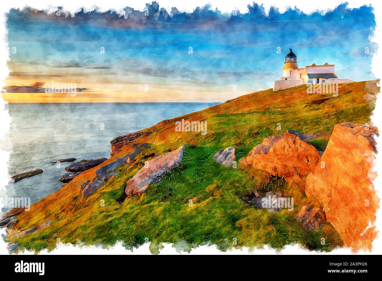 Water colour painting of sunset at Stoer head lighthouse in the far north west of the Scottish Highlands Stock Photo