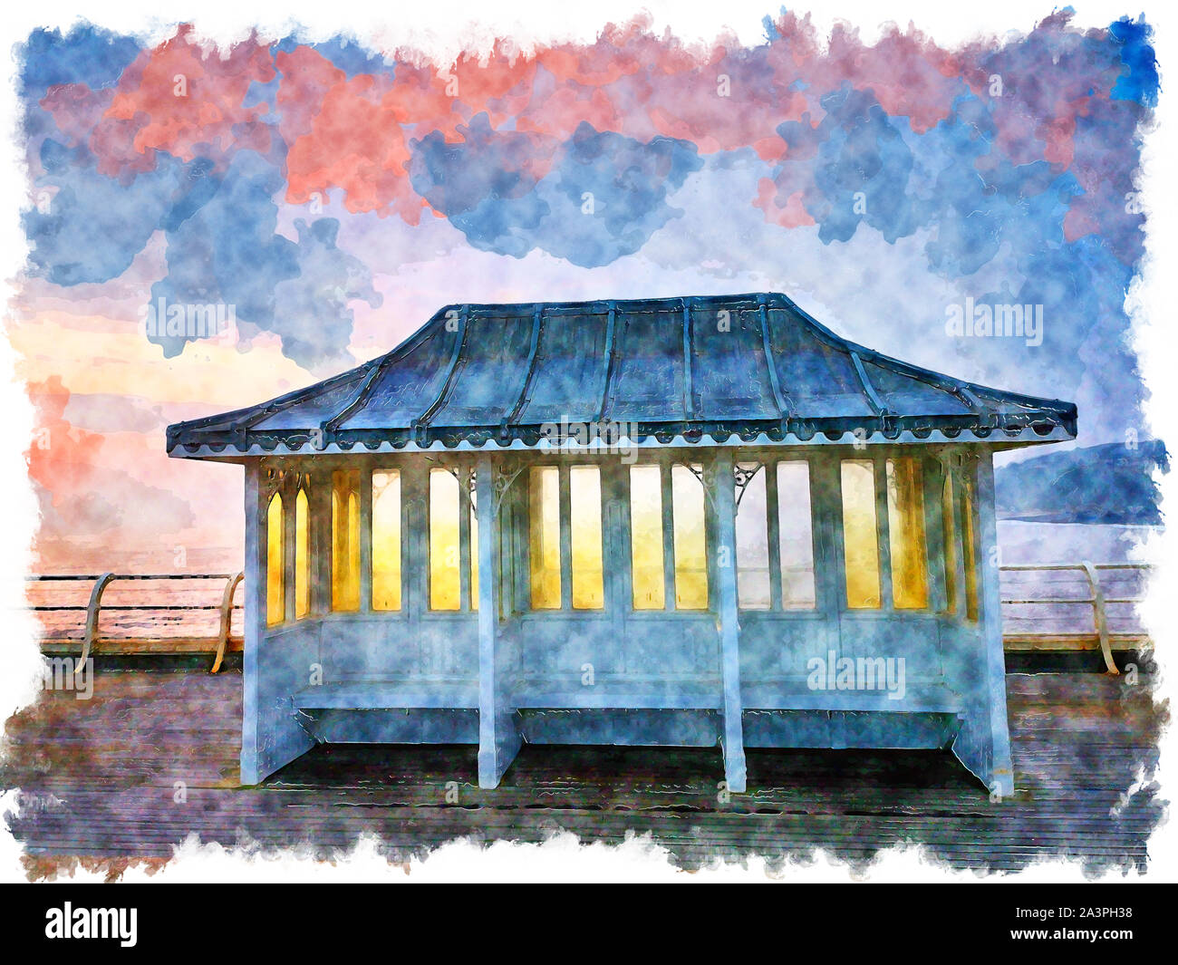 A watercolour painting of a traditional seaside shelter at Cromer on the Norfolk coast Stock Photo