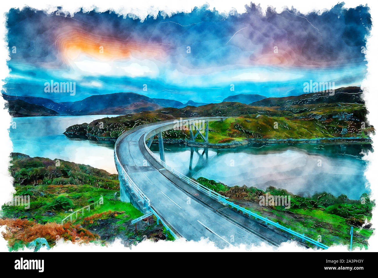 Watercolour painting of sunrise over Kylesku Bridge in the Highlands of Scotland Stock Photo