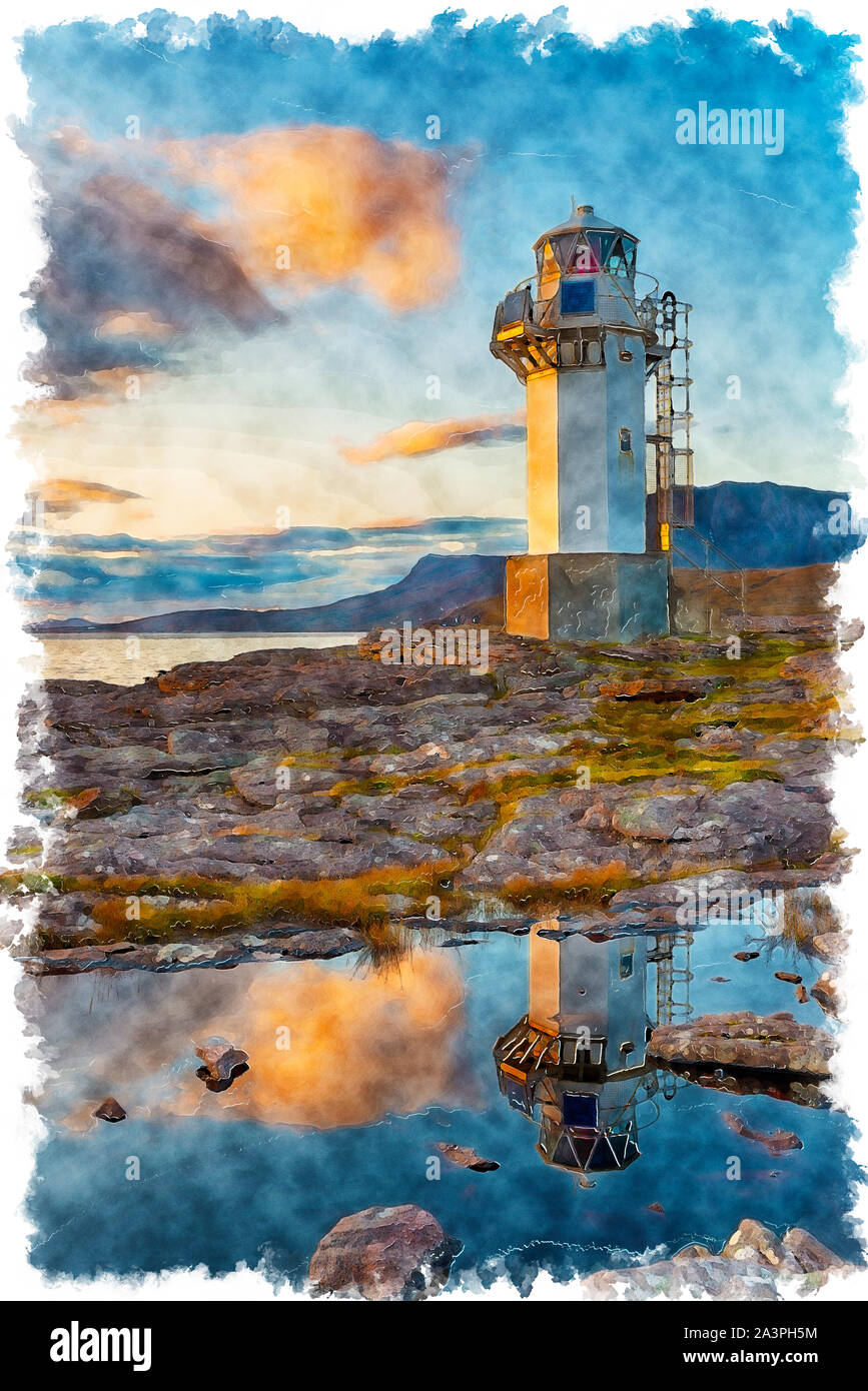 Water colour painting of sunset at Rhue Lighthouse at Ullapool in the far north west of Scotland Stock Photo