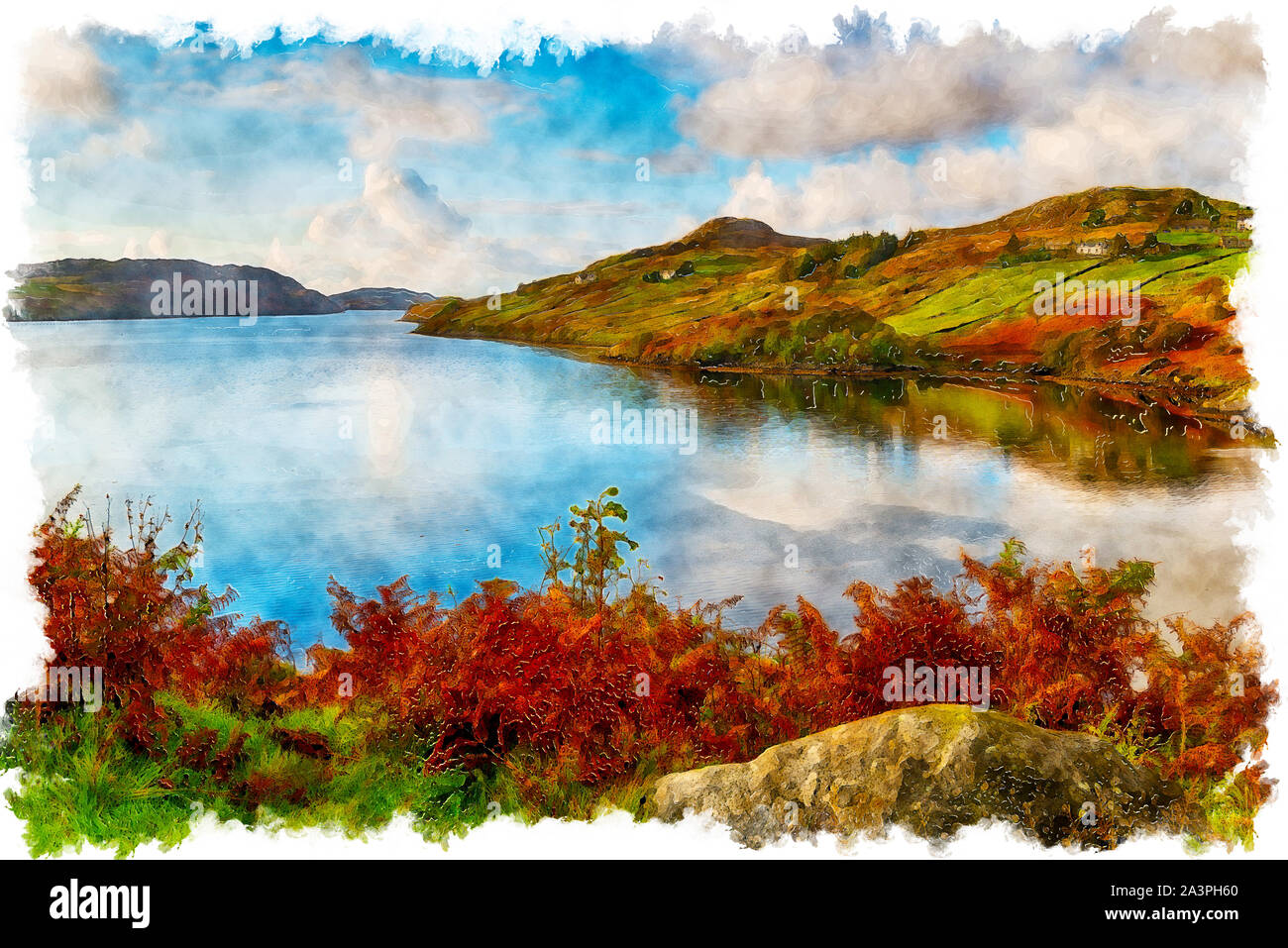 Watercolour painting of Loch Inchard at Kinlochbervie in the Highlands of Scotland Stock Photo