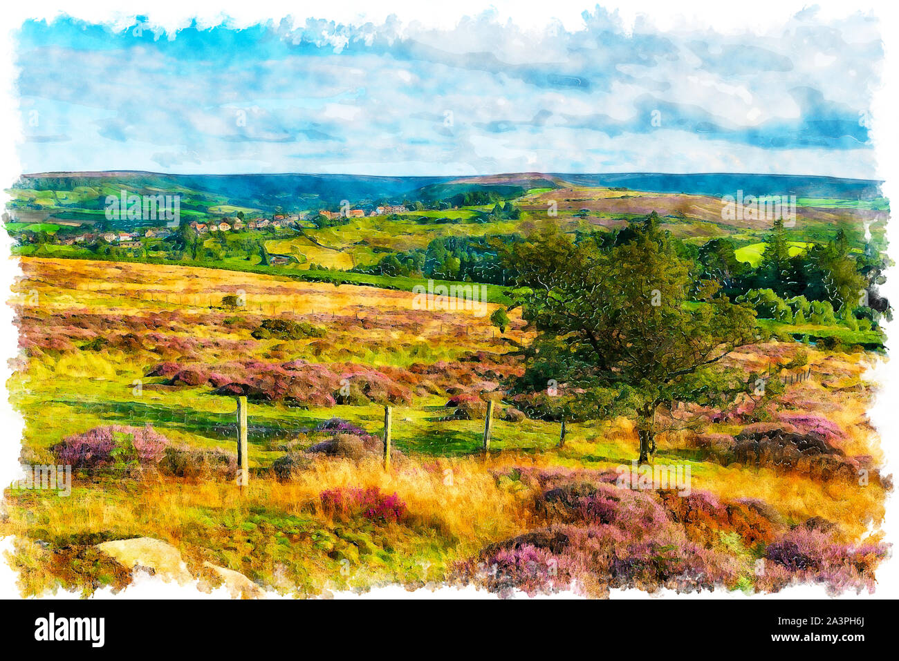 Watercolour painting of summer in the North York Moors National Park in Yorkshire, looking out across the moor to the village of Castleton Stock Photo