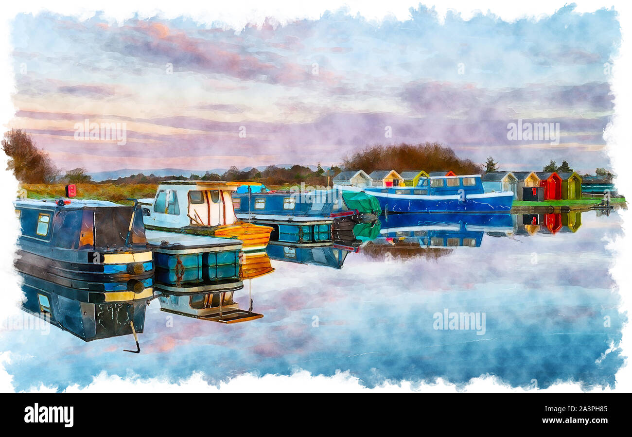 Watercolour painting of boats on the Forth and Clyde Canal at Falkirk in Scotland Stock Photo