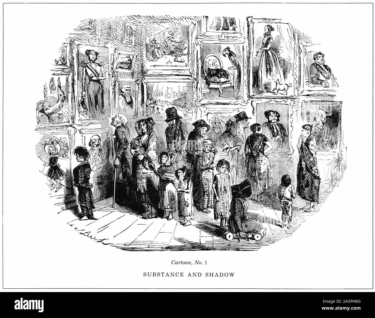 Engraving of England's poor surveying the paintings of a rich household, showing the difference in English society. From Punch magazine. Stock Photo