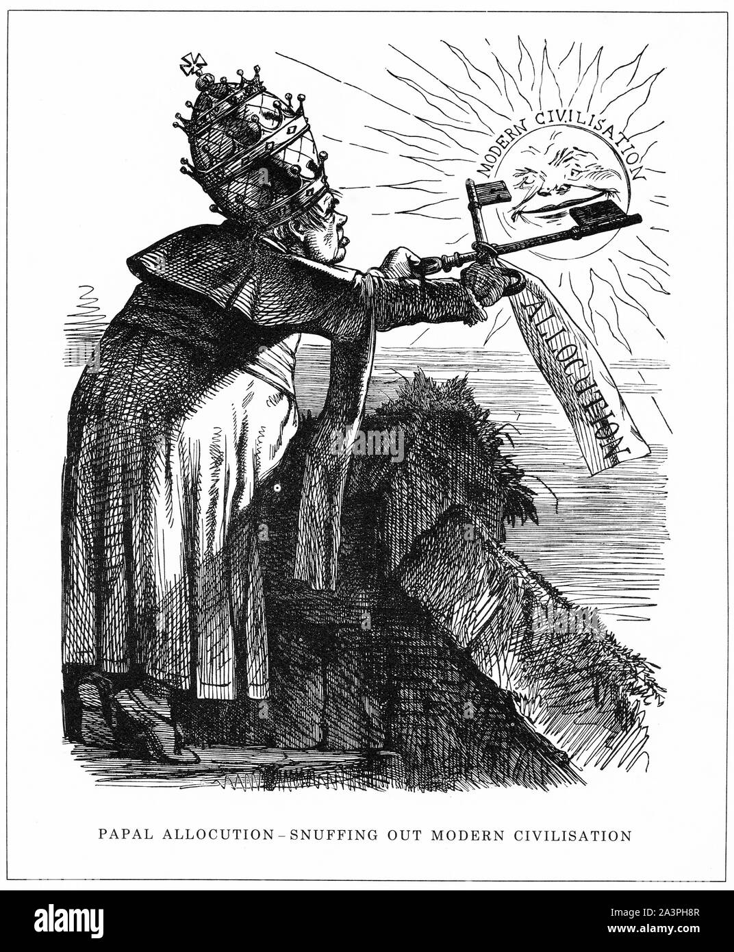 Engraving of Pope Pius IX making a papal allocution, or speech, to his cardinals on 18 March 1861 called Jamdudum cernimus, a declaration that the papacy cannot support any system to de-christianize the world, as was brewing with the rise of evolution and athiesism. From Punch magazine, 1861. Stock Photo