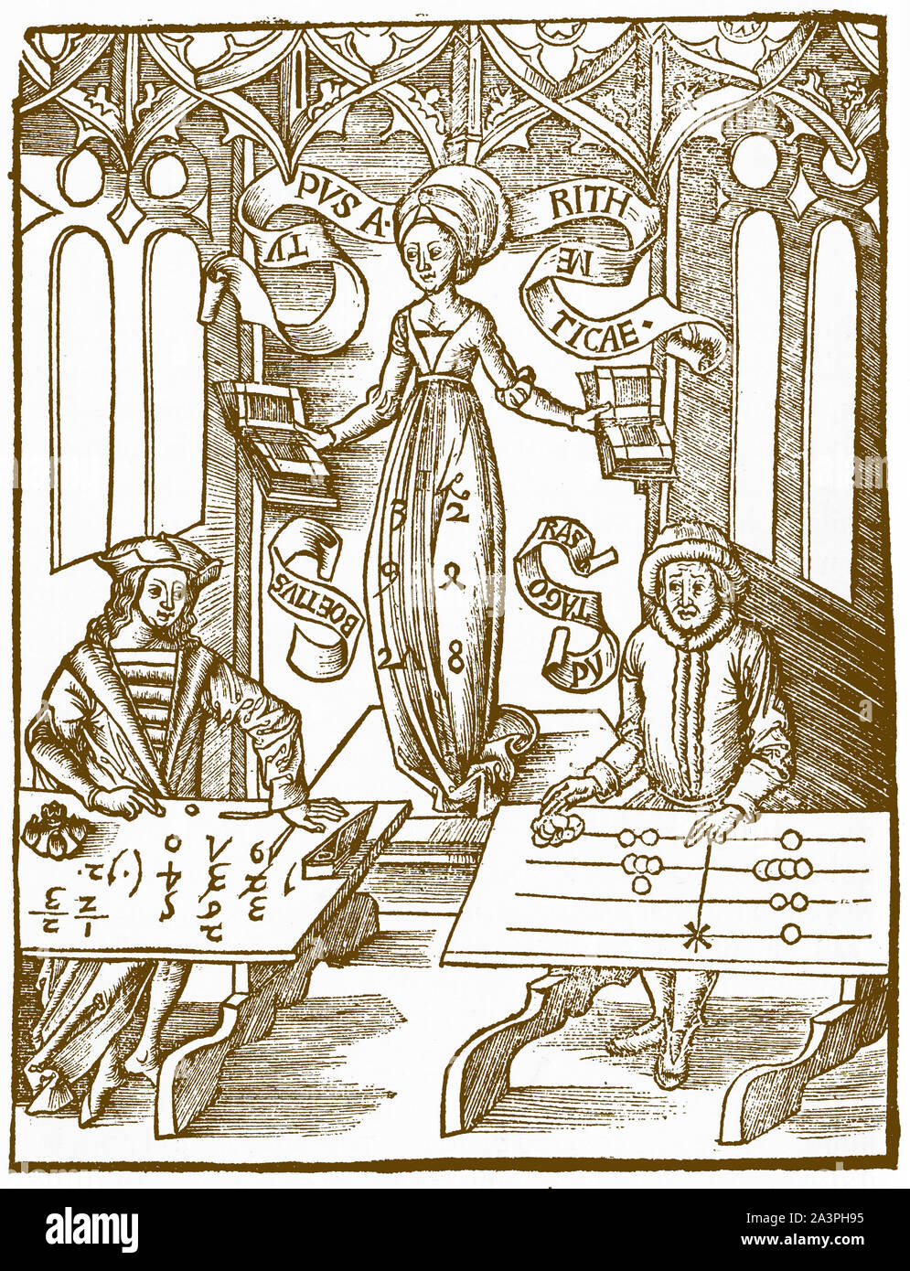 Woodcut of Madame Arithmatica overlooking a medieval mathemetician using arabic numerals (left) and a merchant (right) with a counting board puzzling over their calculations. From Margarita Philosophica (The Philosphical Pearl) by Gregor Reisch, 1508 Stock Photo