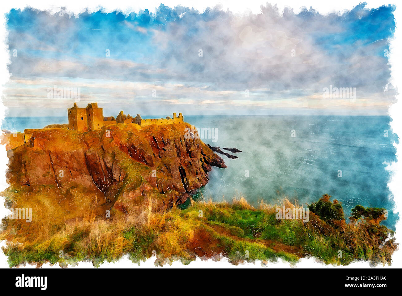 Watercolour painting of Dunnottar Castle at Stonehaven on the Aberdeenshire coast in Scotland Stock Photo
