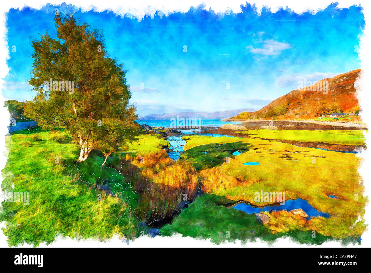 Watercolour painting of Glenuig on the coast at Lochailort the Highlands of Scotland Stock Photo