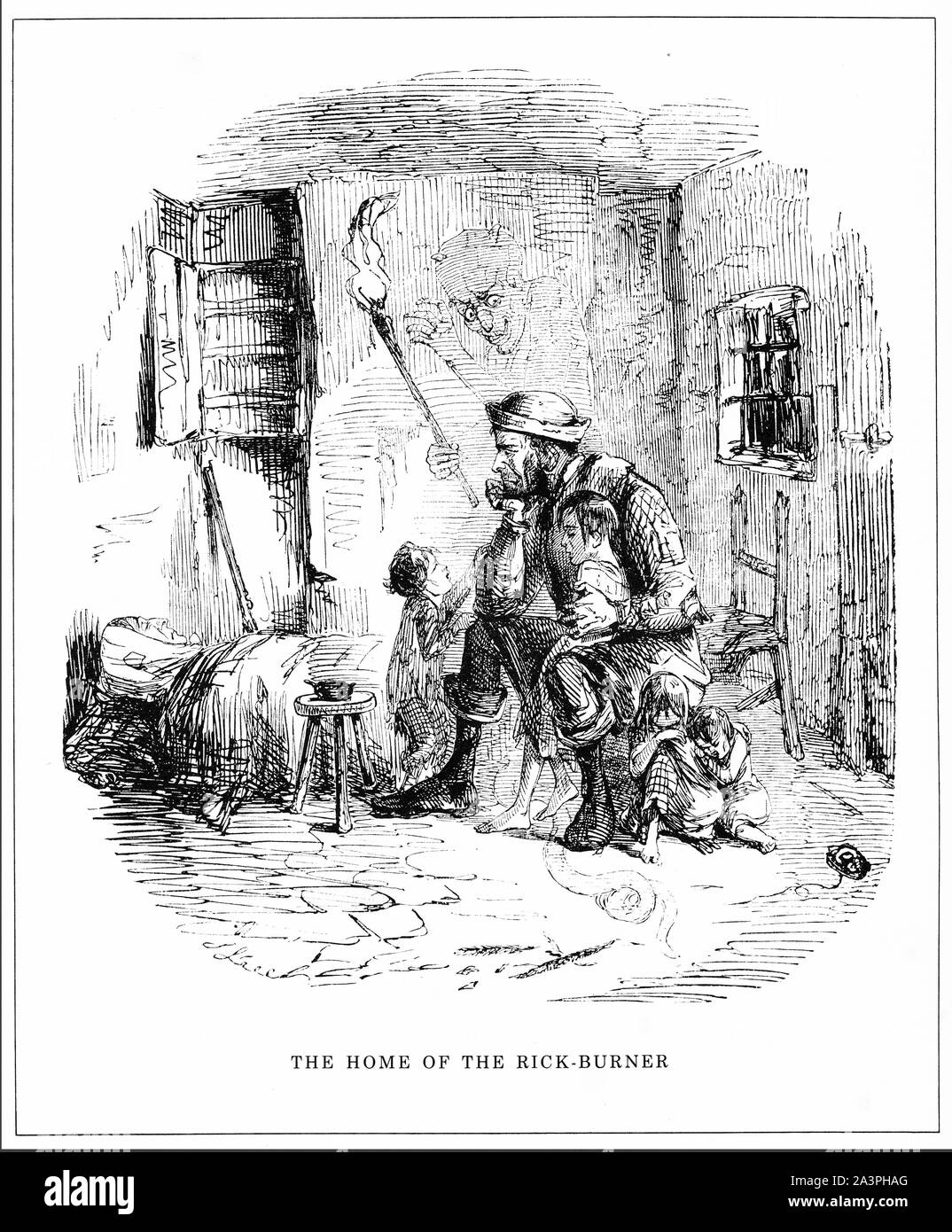 Engraving of the sad home of a poor rick-burner's family, with Satan hovering in the background as the wife and mother of the family lies ill in bed. From Punch magazine. Stock Photo