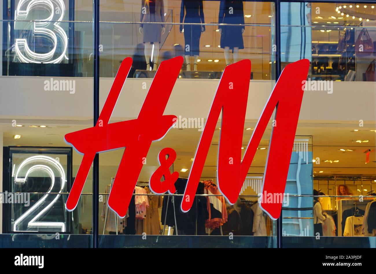 NEW YORK CITY, NY 4 OCT 2019 View of the sign for a H&M clothing