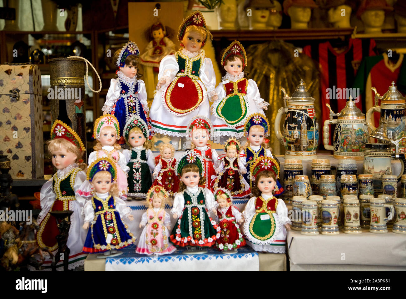 Traditional Hungarian dolls at the Great Market (Nagycsarnok) in Budapest. Stock Photo