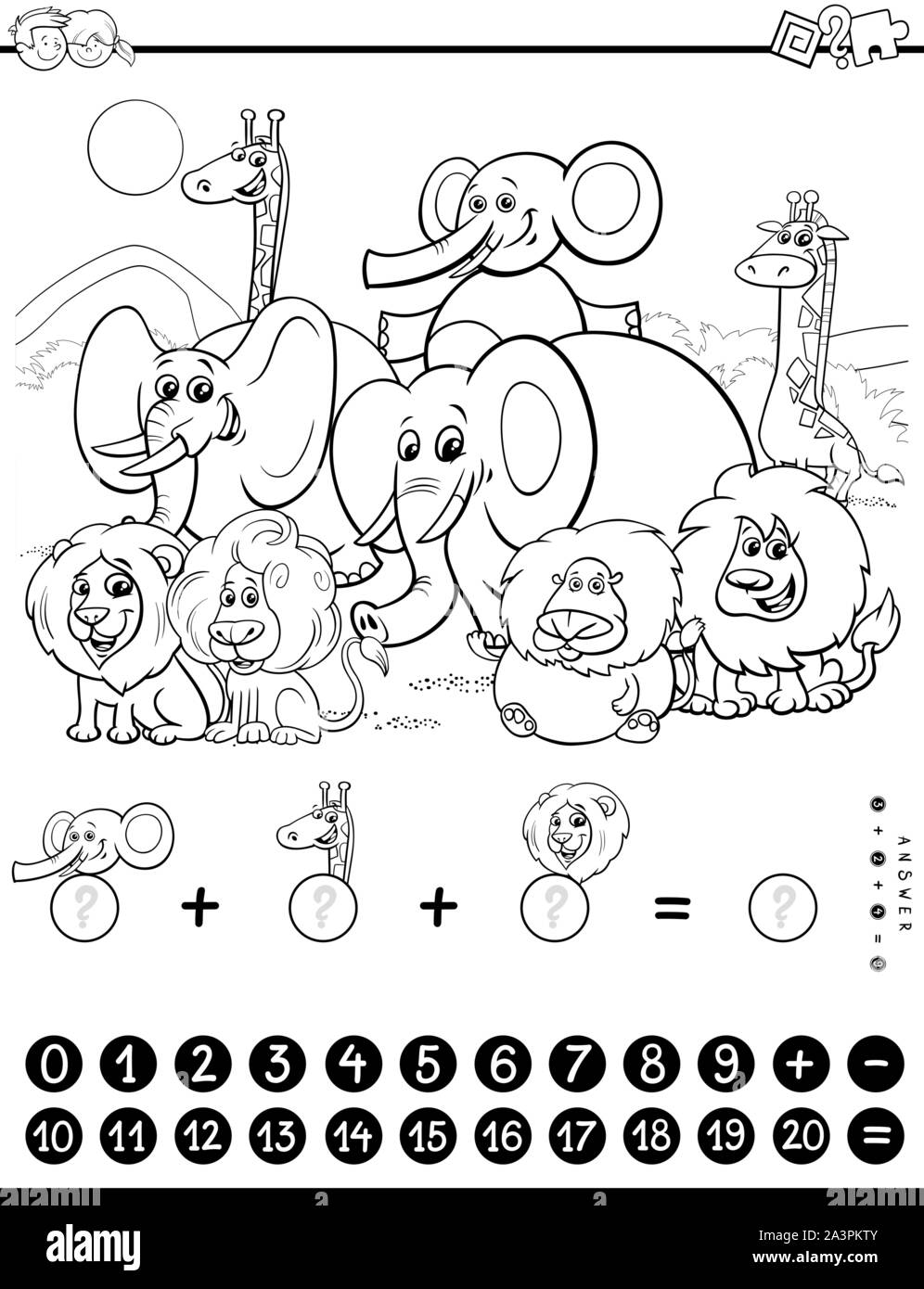 Black and White Cartoon Illustration of Educational Mathematical Counting and Addition Game for Children with Wild Animal Characters Coloring Book Stock Vector Image & Art - Alamy Black and White Cartoon Illustration of Educational Mathematical Counting and Addition Game for Children with Wild Animal Characters Coloring Book Stock Vector Image & Art - Alamy