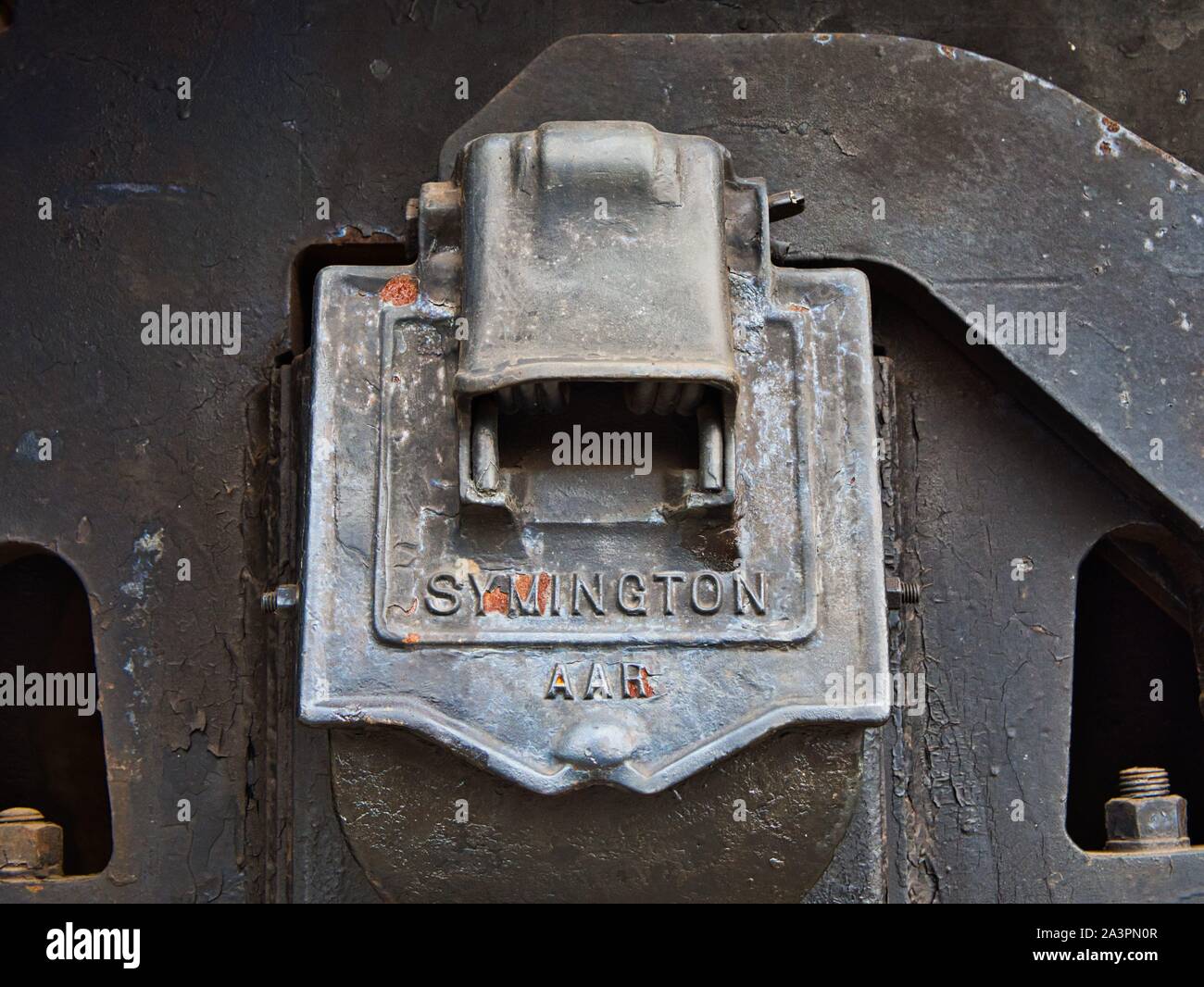 Symington journal cover close up on a switcher locomotive railroad engine Stock Photo