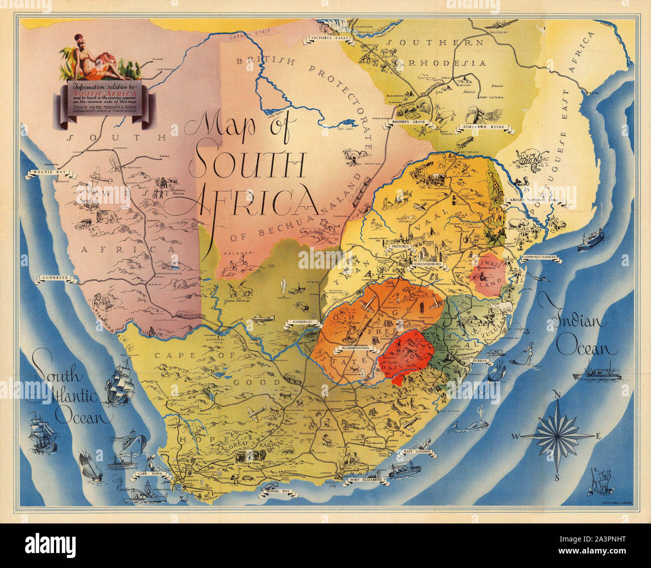 Map Of South Africa 1937 Stock Photo