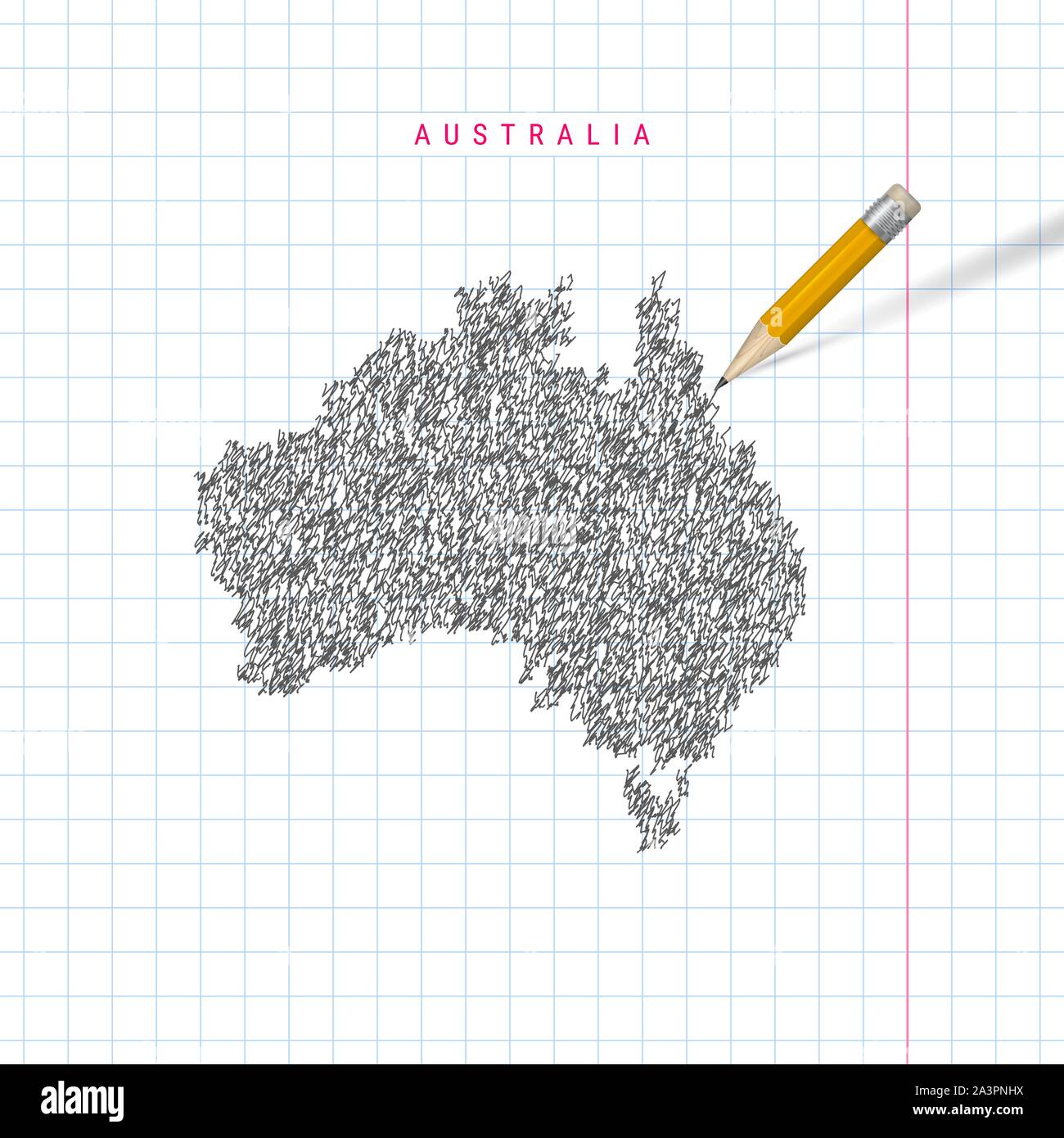 Australia sketch scribble map drawn on checkered school notebook paper ...