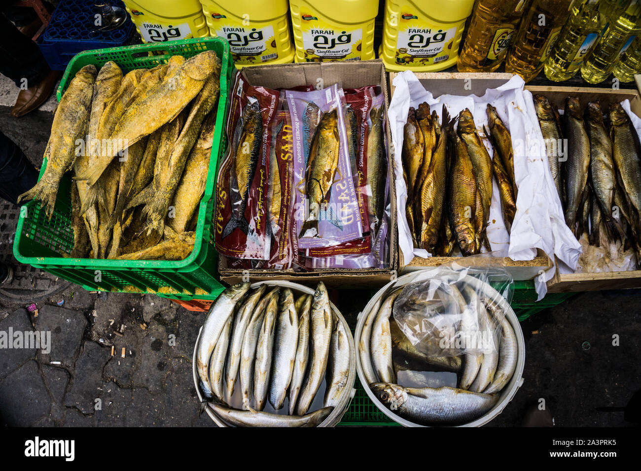 Dried and salted fish for sale in a neighborhood market, Amman, Jordan Stock Photo