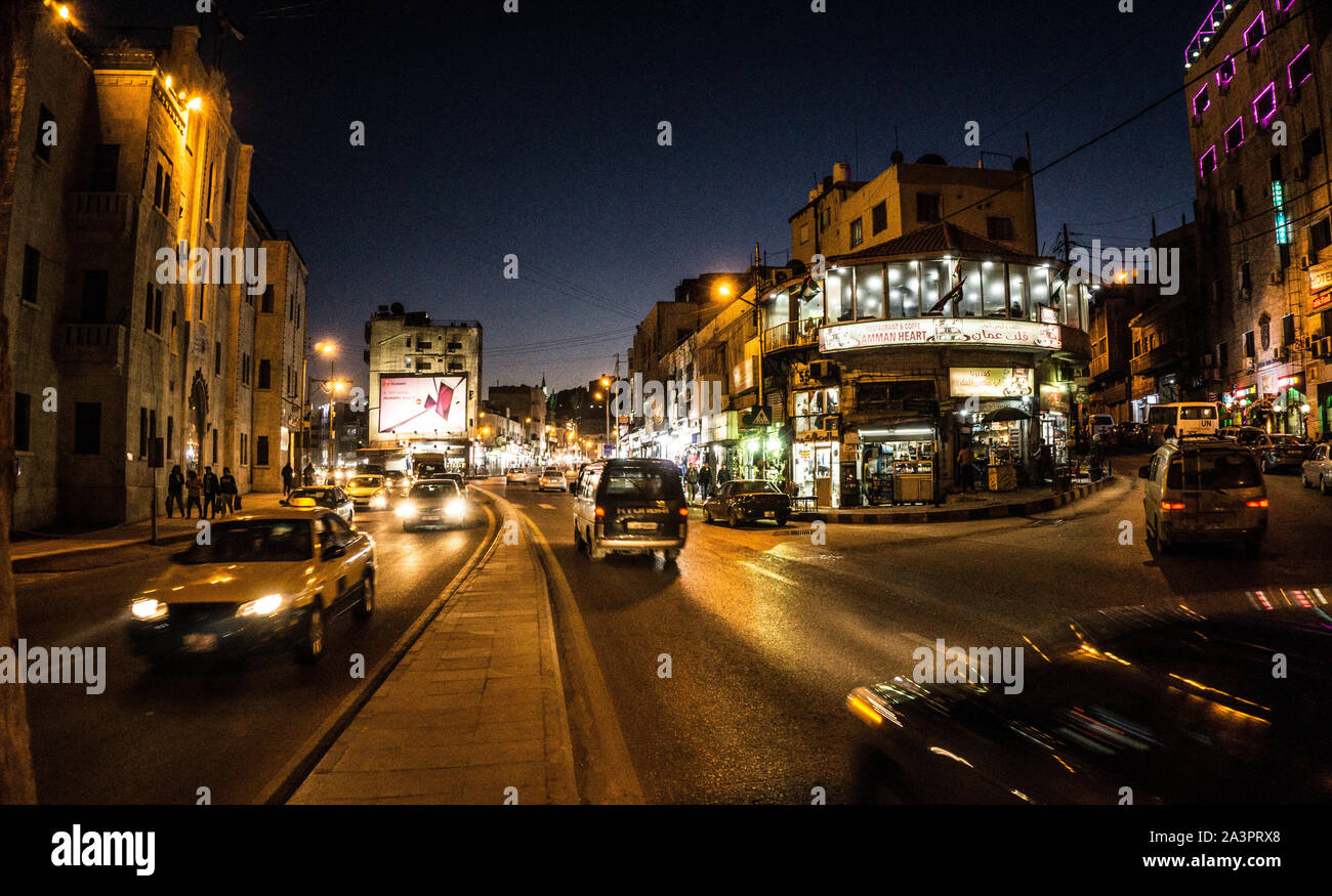 Night traffic in Amman's old quarter Stock Photo