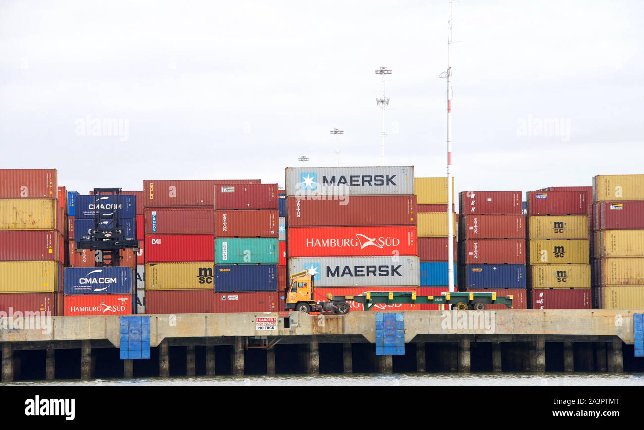 Oakland, CA February 24, 2019 Stacks of shipping containers line the