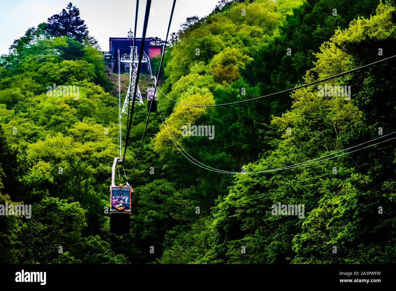 Tokyo, Japan - May 13, 2019: Mt. Kachikachi Ropeway to Tenjoyama Park. The cable car up to Tenjoyama Park, where you’ll see a super view of Mt. Fuji. Stock Photo