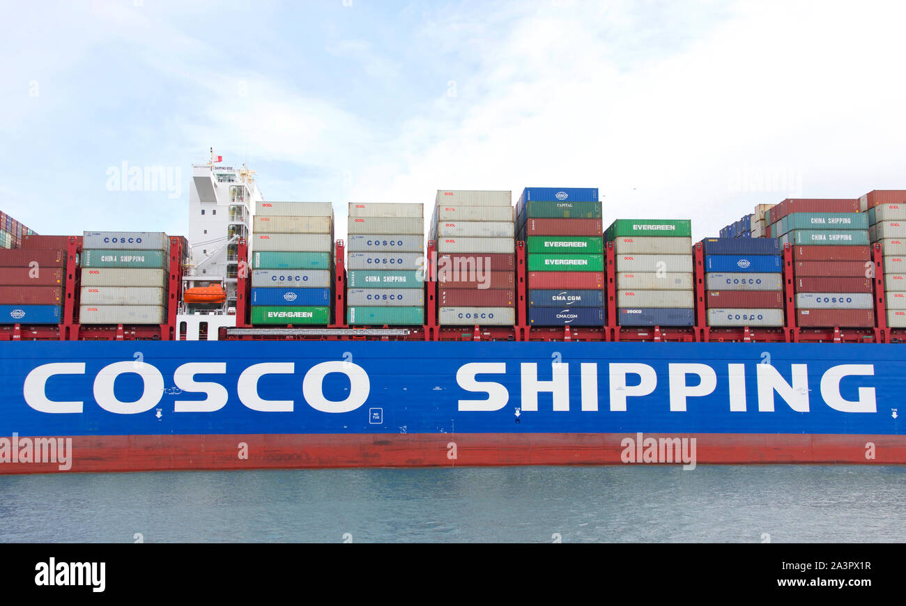 Oakland, CA May 16, 2019 COSCO SHIPPING ROSE departing the Port of