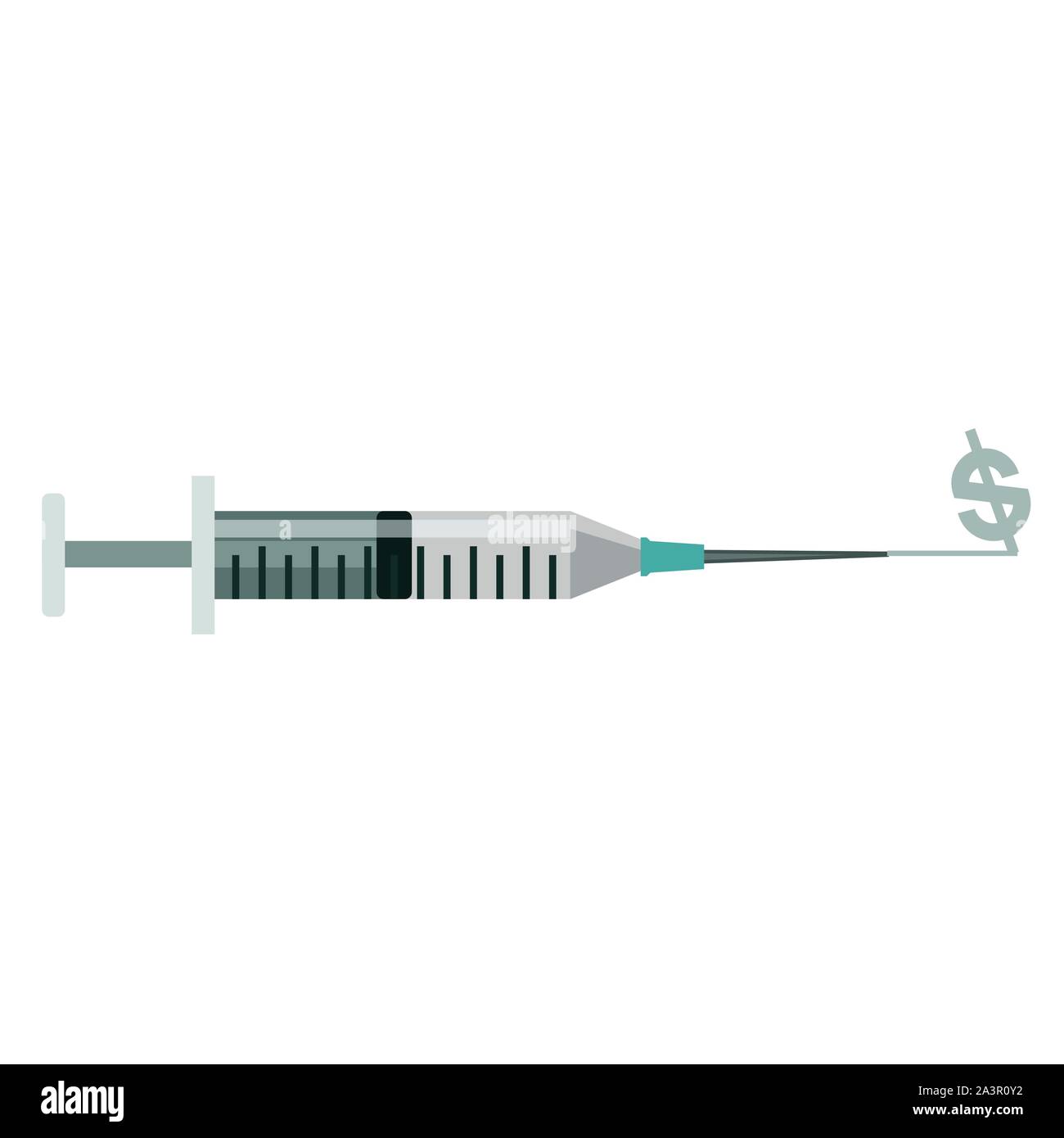 Medical Syringe needle injector application device with vile & plunger squirting a dollar sign Stock Vector