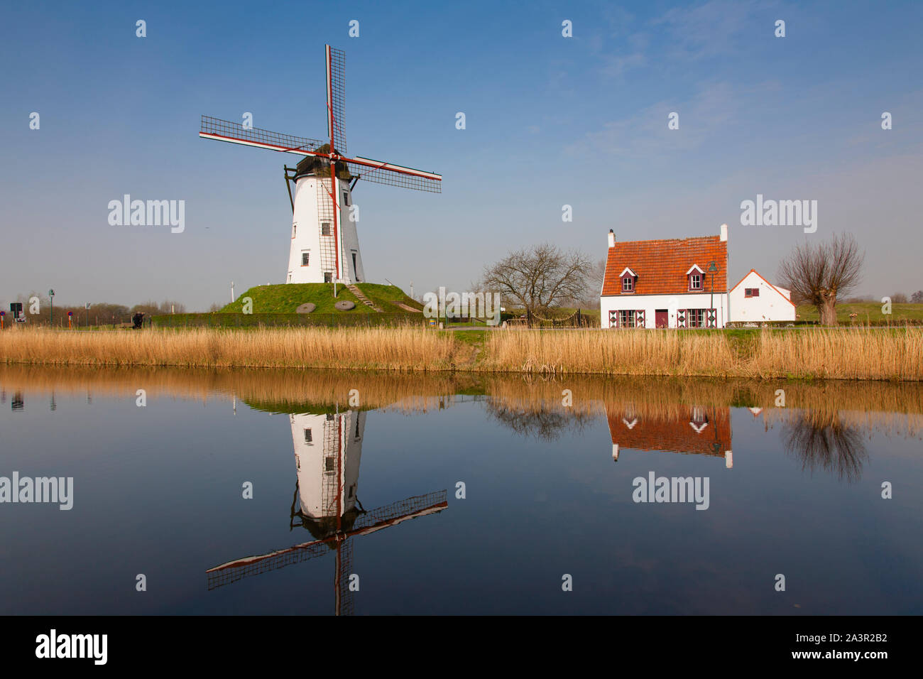 Windmill and house, Damse Vaart Canal, Belgium Stock Photo