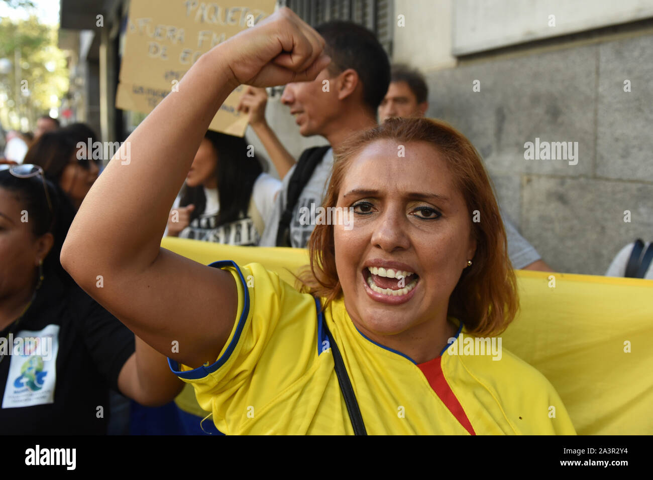 Madrid, Spain. 09th Oct, 2019. A woman shouts slogans during the protest.Ecuadorian nationals gathered in front of the Embassy of Ecuador in Madrid to protest against Lenin Moreno and his austerity measures. Credit: SOPA Images Limited/Alamy Live News Stock Photo