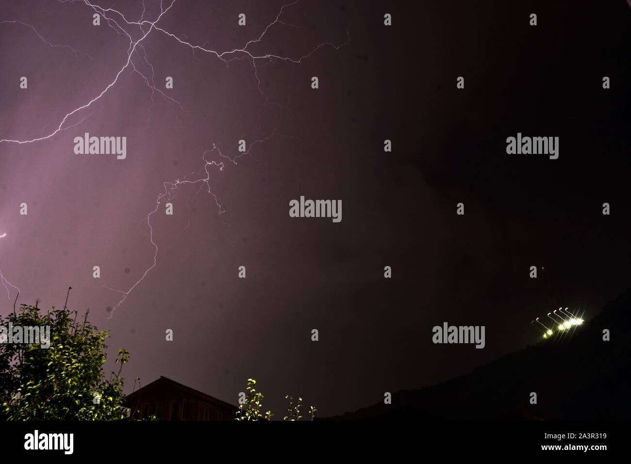Lightning strikes during a thunderstorm in Srinagar, Kashmir. Stock Photo