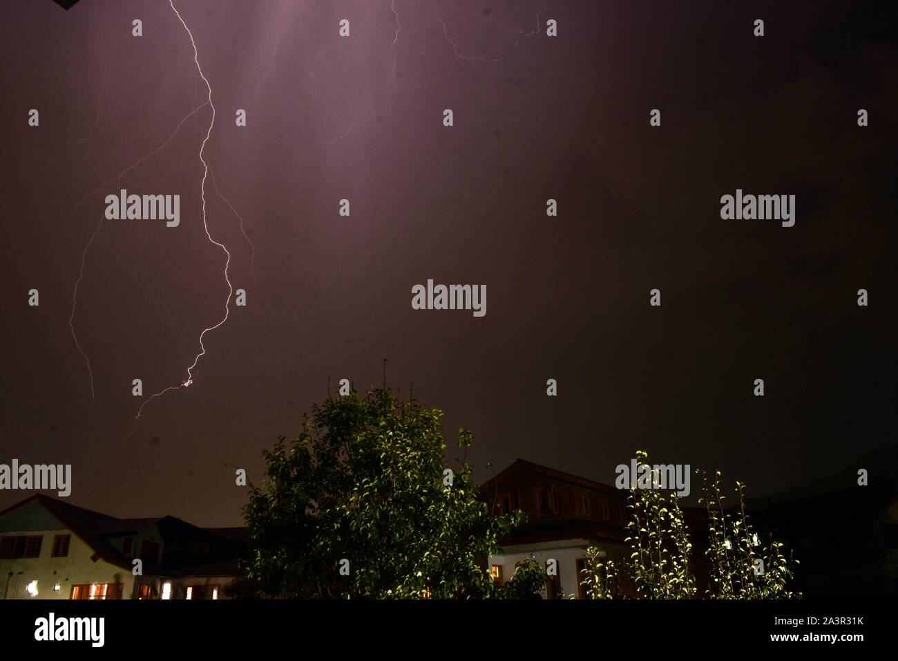 Lightning strikes during a thunderstorm in Srinagar, Kashmir. Stock Photo