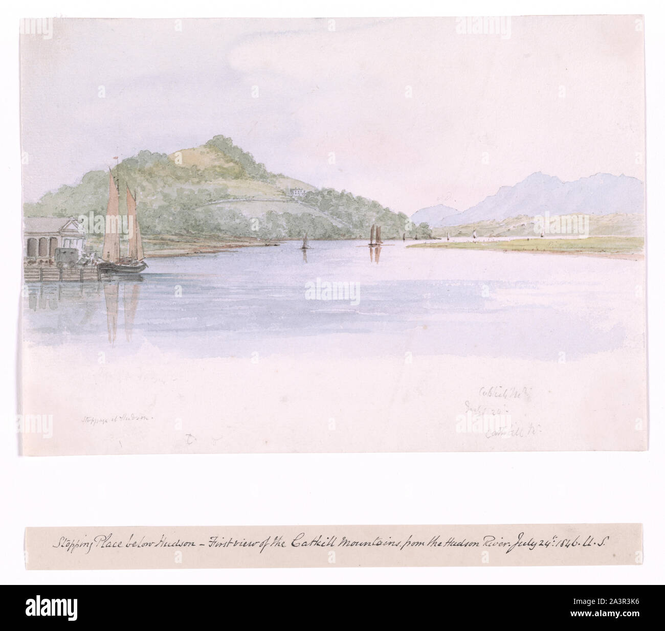 Stopping place below Hudson - first view of the Catskill Mountains from the Hudson River, July 24th 1846, U.S. Stock Photo