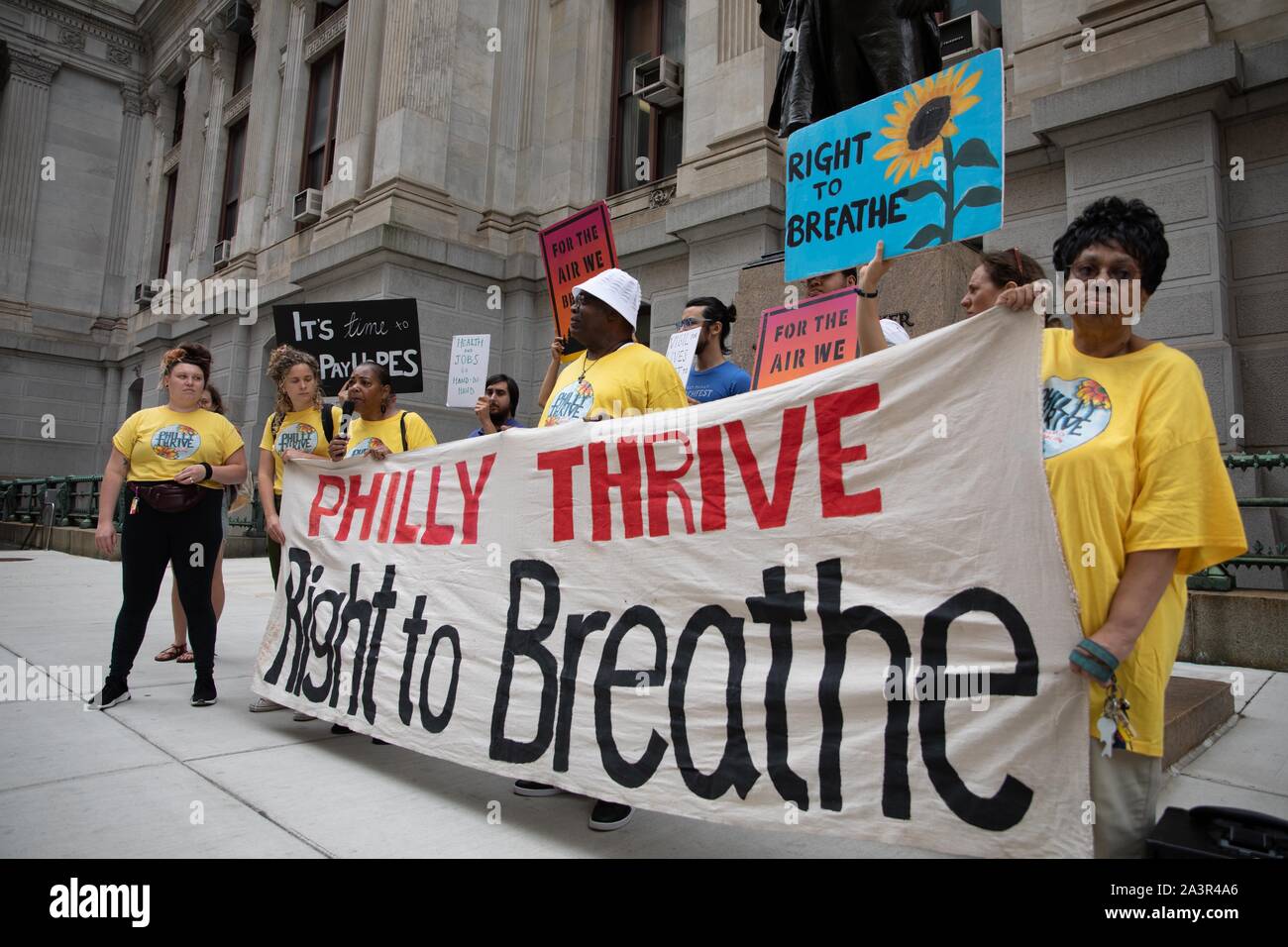 Philadelphia, PA/ USA - June 21, 2019: City Councilwoman Helen Gym joins Philly Thrive outside city hall following and explosion and the PES oil refinery in South Philadelphia Stock Photo