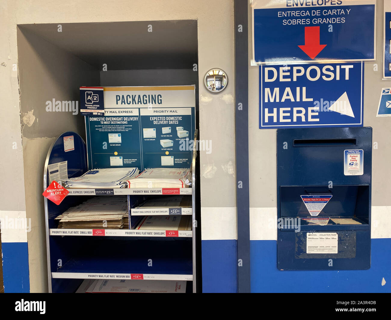 Orlando,FL/USA-10/7/19:  A mail depository in an United States Postal Service, USPS, office next to an international airport in the city of Orlando, F Stock Photo
