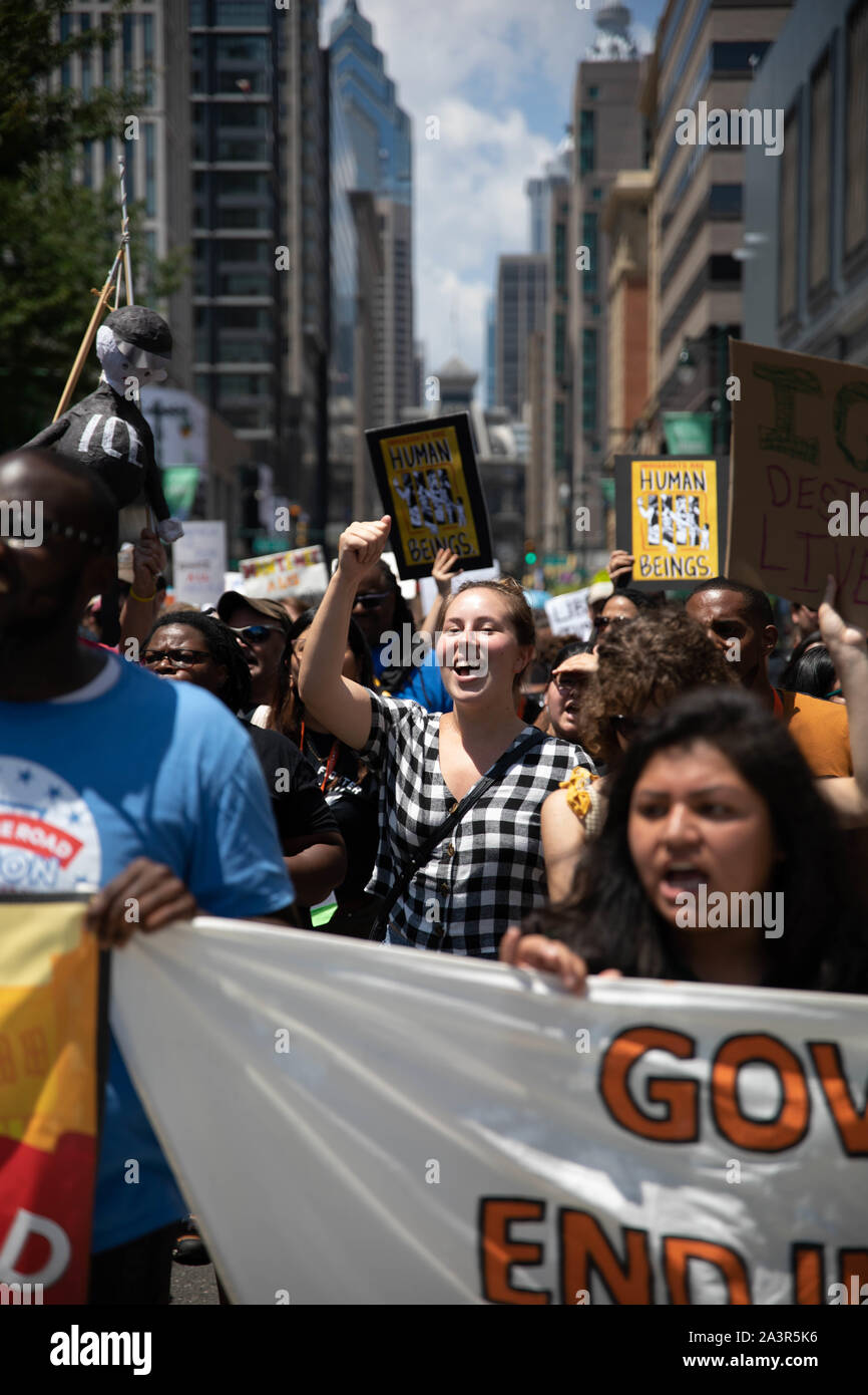 Philadelphia, PA/USA - July 12, 2019: Activists in Philadelphia march on immigration and customs enforcement as part of a nationwide day of action in protest of conditions at migrant detention centers Stock Photo