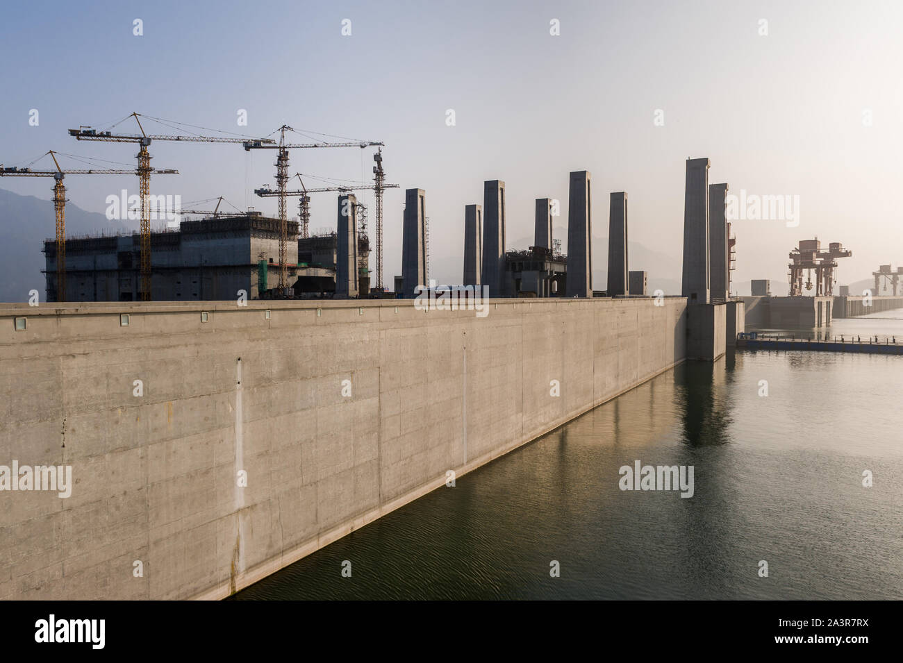 Industrial construction of huge Three Gorges Dam in Chongqing, China. Stock Photo