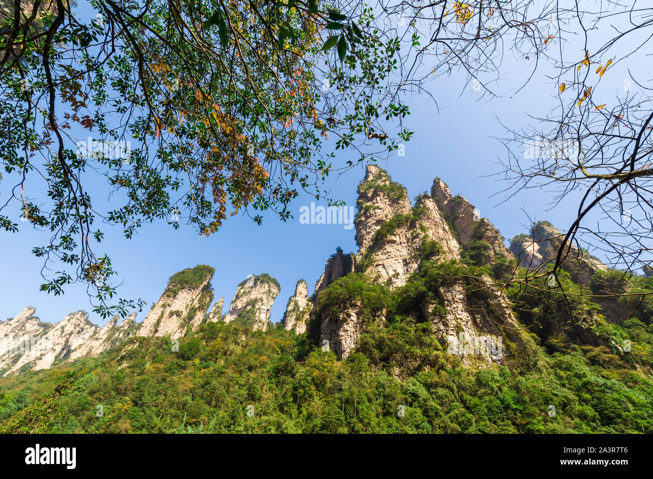 Beautiful mountain range with clear skies in Hunan, China. Stock Photo