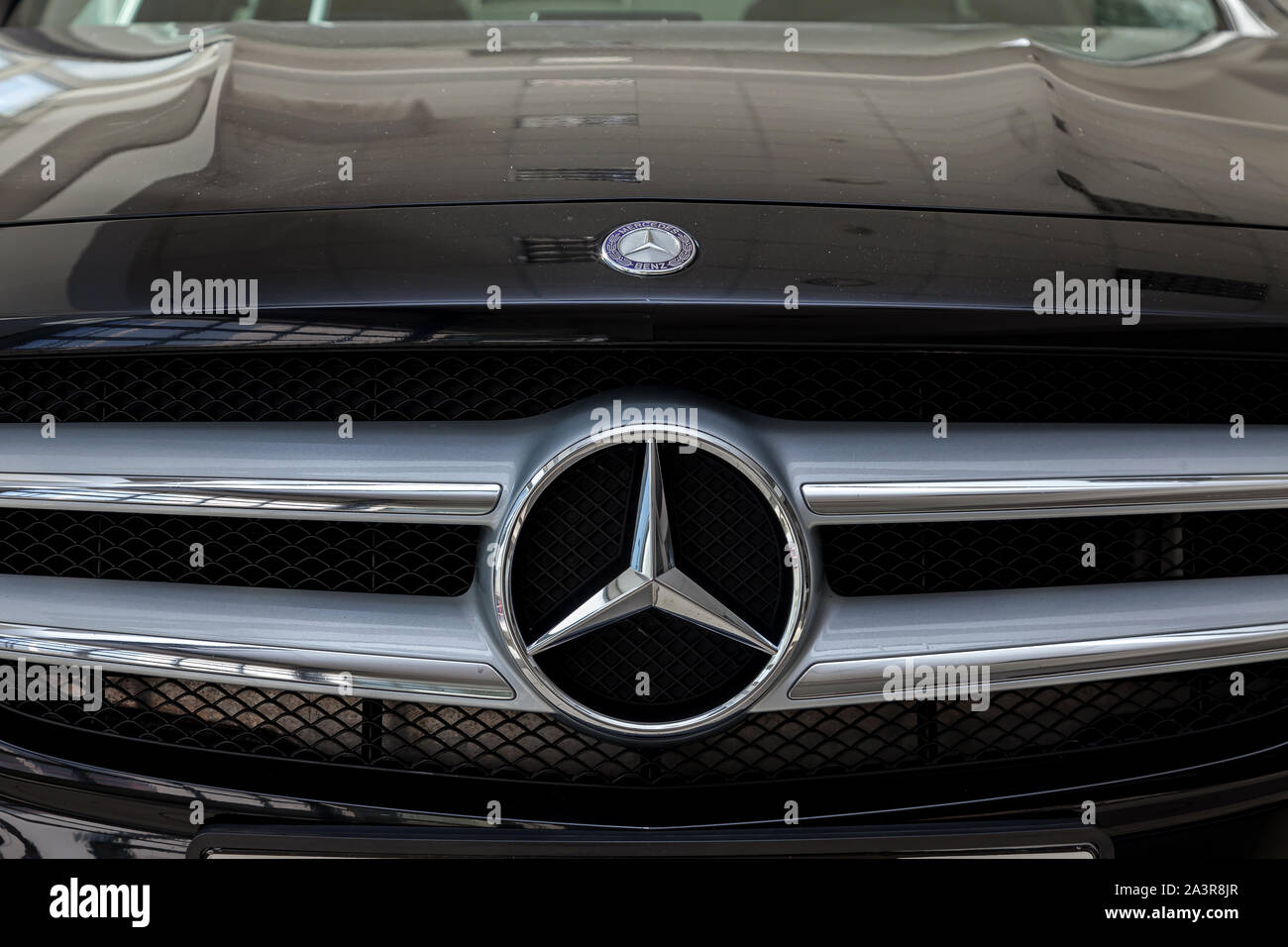 Novosibirsk, Russia - 08.01.2018: Black Mercedes Benz Gla class 2016 year front grille view with dark gray interior in excellent condition in a dealer Stock Photo
