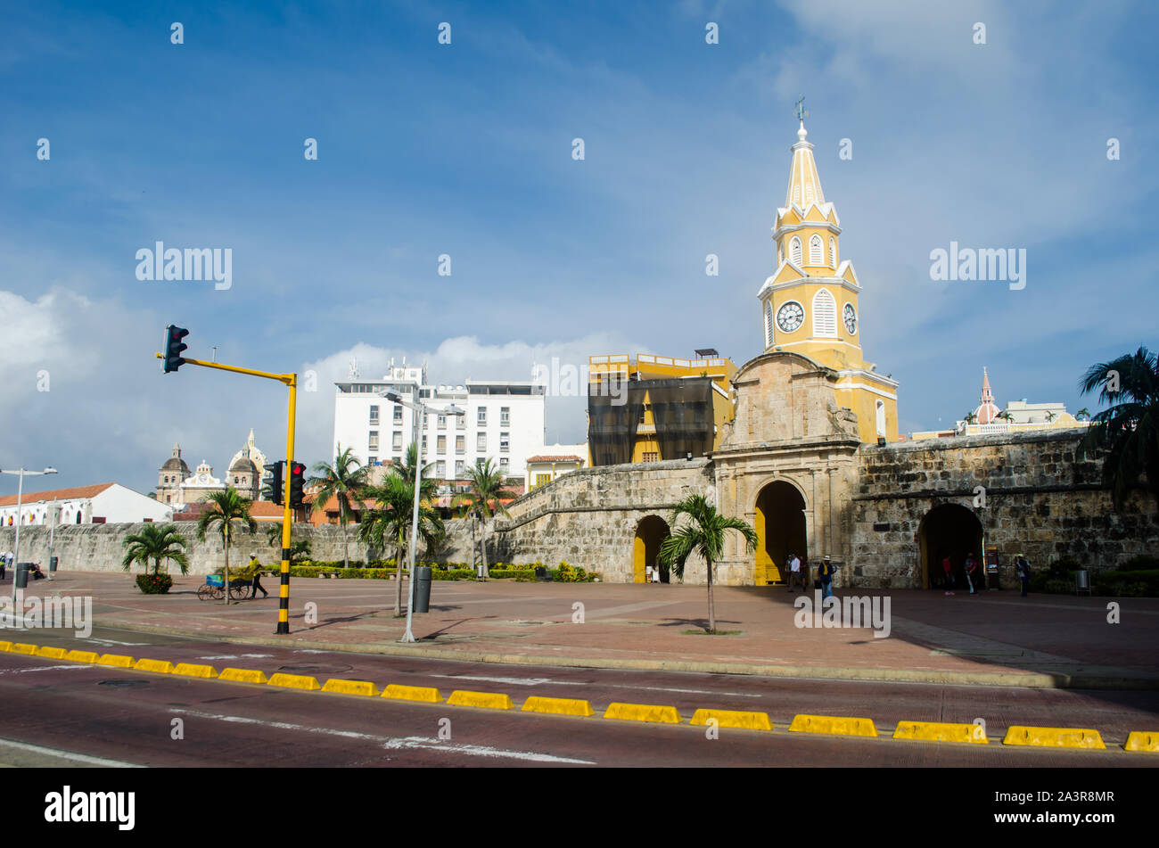 Landscape at the main entrance to the Walled City of Cartagena. The famous Clock Tower is seen on the left Stock Photo