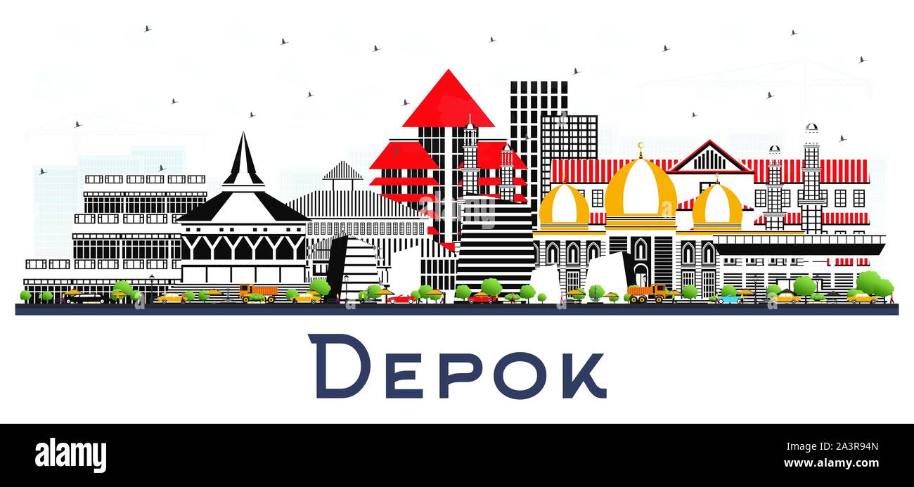 Depok Indonesia City Skyline with Color Buildings Isolated on White. Vector Illustration. Business Travel and Concept with Modern Architecture. Stock Vector