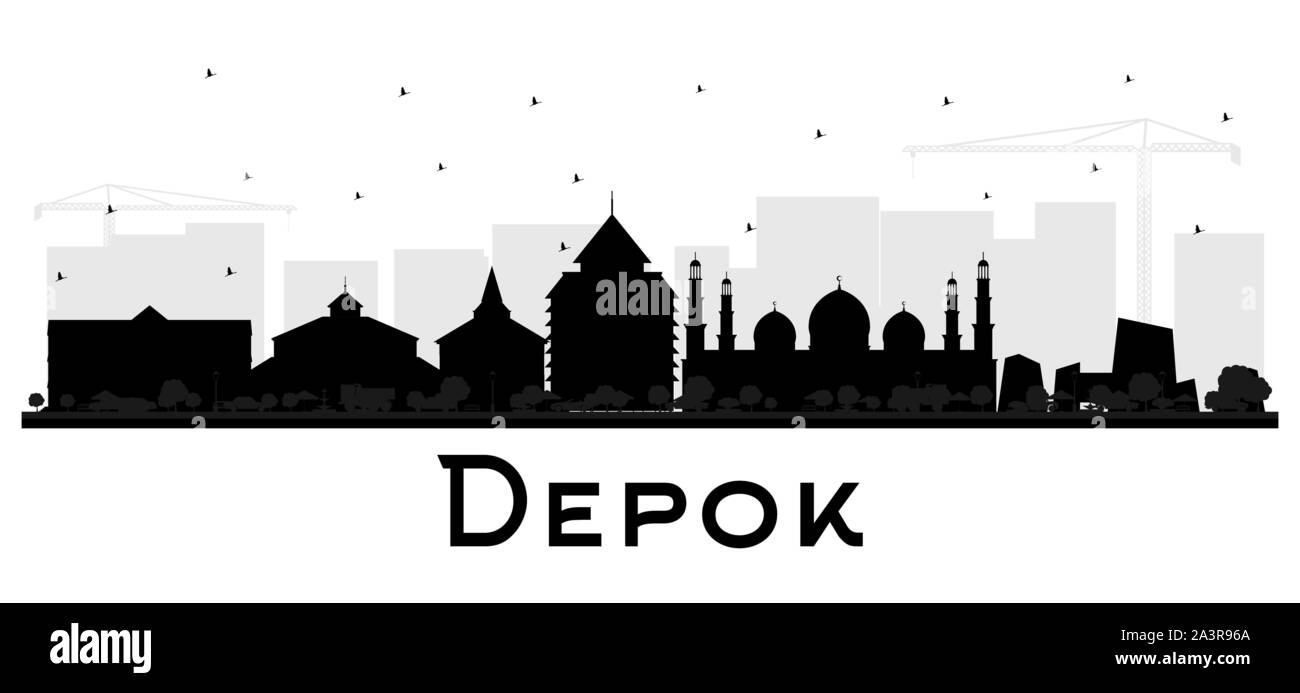 Depok Indonesia City Skyline Silhouette with Black Buildings Isolated on White. Vector Illustration. Stock Vector