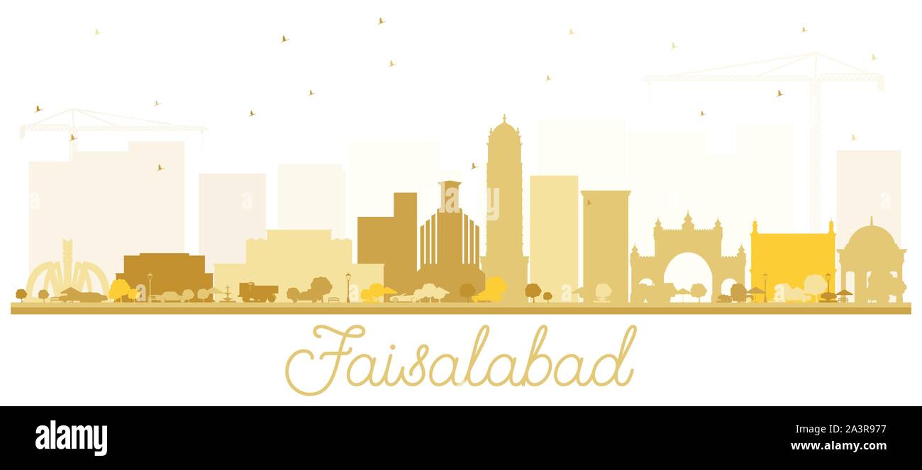 Faisalabad Pakistan City Skyline Silhouette with Golden Buildings Isolated on White. Vector Illustration. Stock Vector