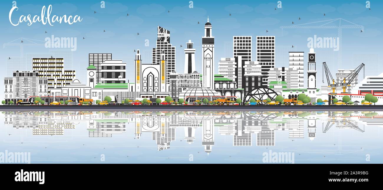 Casablanca Morocco City Skyline with Color Buildings, Blue Sky and Reflections. Vector Illustration. Stock Vector