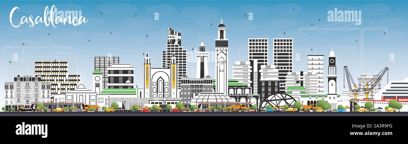 Casablanca Morocco City Skyline with Color Buildings and Blue Sky. Vector Illustration. Business Travel and Concept with Historic Architecture. Stock Vector