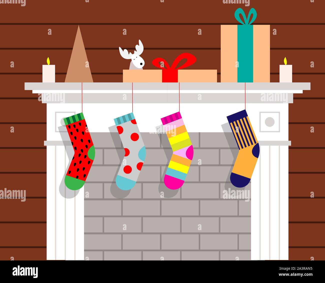 Christmas fireplace with hanging socks for gifts. Vector illustration. Stock Vector