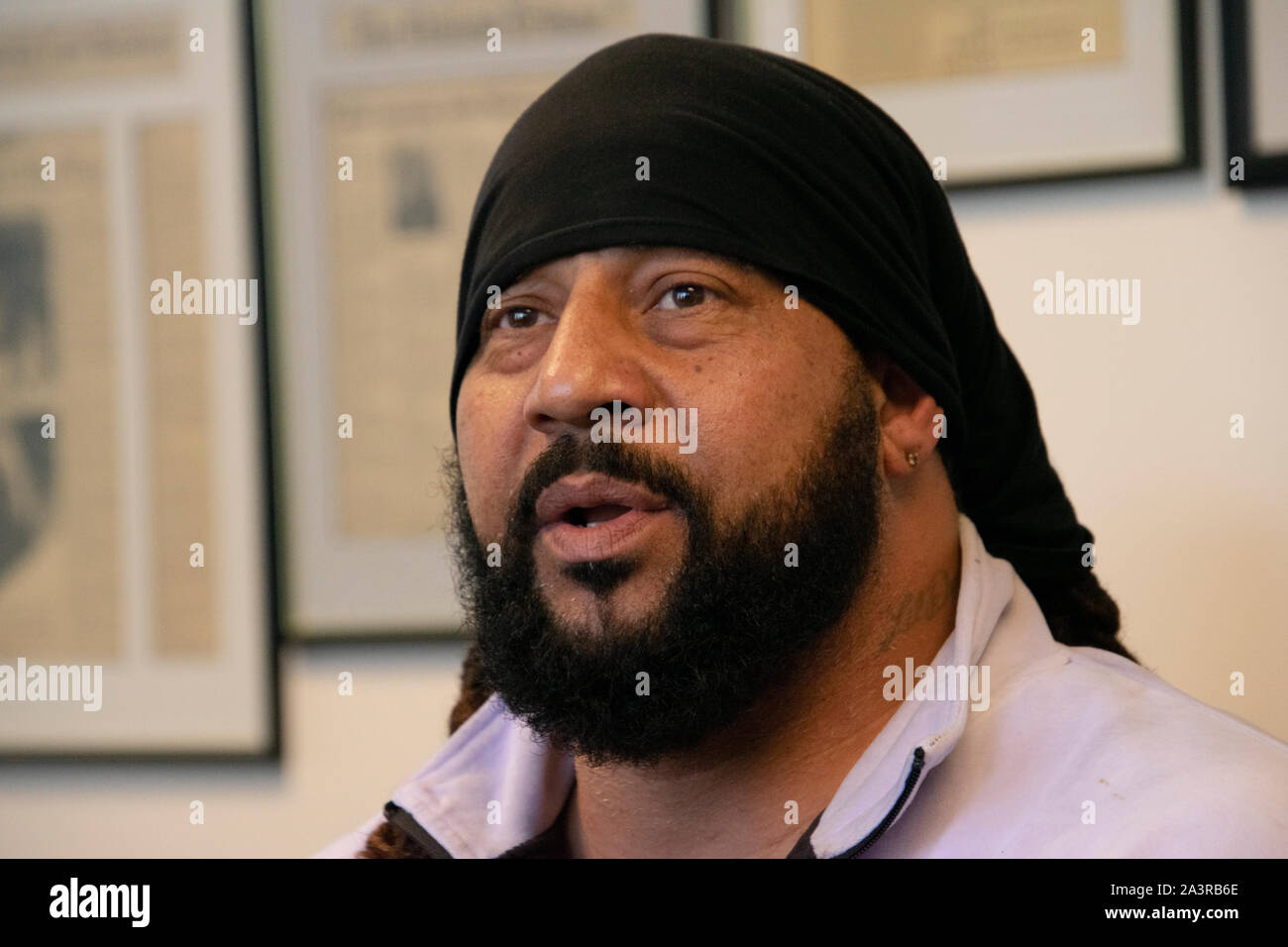 David Harrison speaks at a press conference to announce a lawsuit against Vallejo police for the fatal shooting of Harrison’s cousin Willie McCoy. Stock Photo